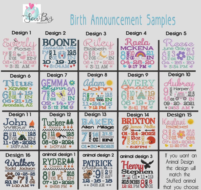 May include: A grid of sixteen embroidered birth announcement samples featuring names, dates, times, and birth measurements in pounds and inches. The text includes various baby names and dates, with decorative icons like hearts, stars, and animals.