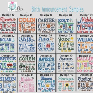 May include: A grid of twenty embroidered birth announcement samples labeled Design 17 through 36. Each square features a unique name, birth date, time, weight, and length, accompanied by colorful stitched icons like sports gear, animals, and vehicles.