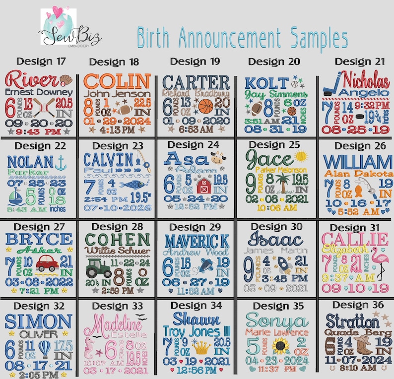 May include: A grid of twenty embroidered birth announcement samples labeled Design 17 through 36. Each square features a unique name, birth date, time, weight, and length, accompanied by colorful stitched icons like sports gear, animals, and vehicles.