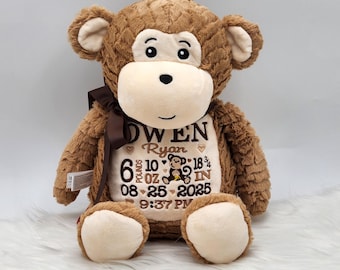 Personalized Baby Gift,Birth Announcement Stuffed Animal,Personalized Stuffed Monkey, Baptism gift,Adoption gift,Brown Monkey Stuffed Animal