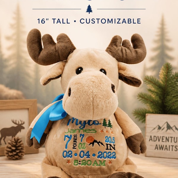 Embroidered Moose Stuffed Animal, Personalized Baby Gift