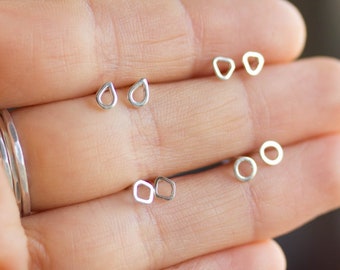 Tiny studs - drops, circle, rhombus and triangle - simple every day studs in sterling silver or 9k gold