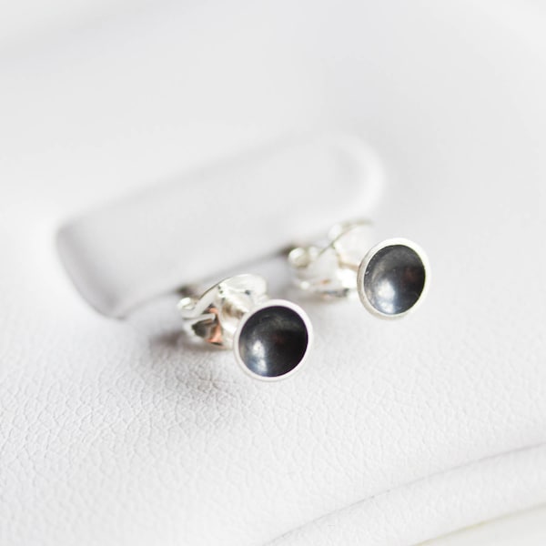 Black cup studs, dish studs, oxidized sterling silver stud earrings, minimal, simple every day earrings