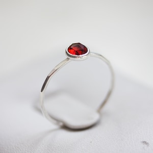 Red Garnet - skinny stackable ring with Almandine Garnet, January birthstone, sterling silver, gold
