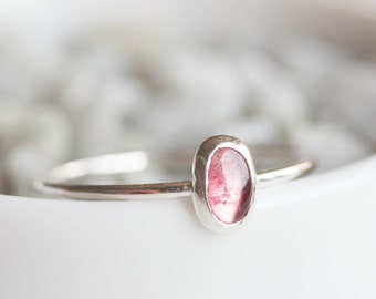 Oval Pink Tourmaline ring - skinny stackable ring with pink Tourmaline stone, sterling silver