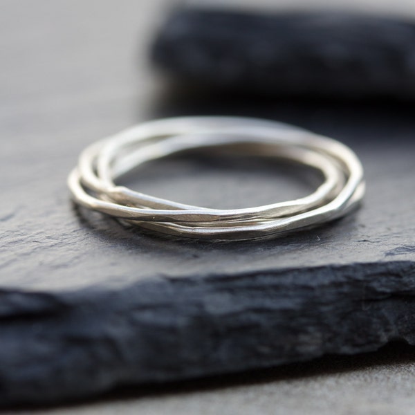 Interlocking ring made of 4 tiny bands, sterling silver, 9k gold