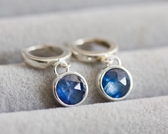 Blue Kyanite earrings, huggie earrings with dangling kyanite in sterling silver