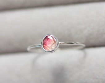 Bi-color Tourmaline ring - stackable ring with rose cut free-form Tourmaline stone, October birthstone