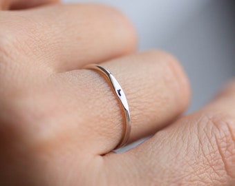 Initial ring with sideways hand stamped initial, stackable sterling silver ring