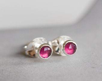 Rhodolite Garnet stud earrings, January birthstone, 3mm, sterling silver or 14k gold filled