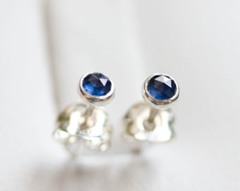 May include: A pair of silver stud earrings with small, round, dark blue gemstones.