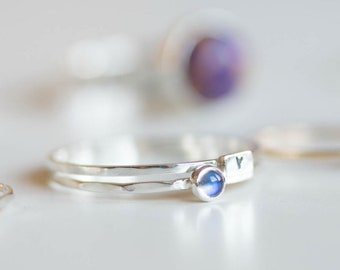 Rainbow Moonstone - skinny stackable ring with Rainbow Moonstone, June birthstone, sterling silver, 9k gold