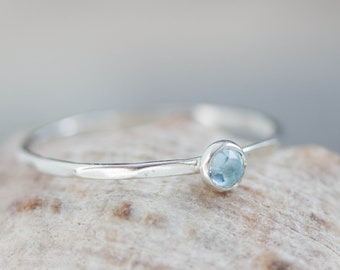 Swiss Blue Topaz ring - skinny stackable ring with Swiss Blue Topaz, December birthstone, sterling silver, 9k gold