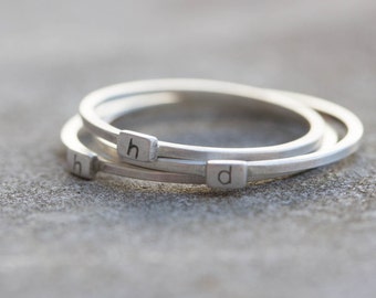 Initial ring with hand stamping - stackable sterling silver