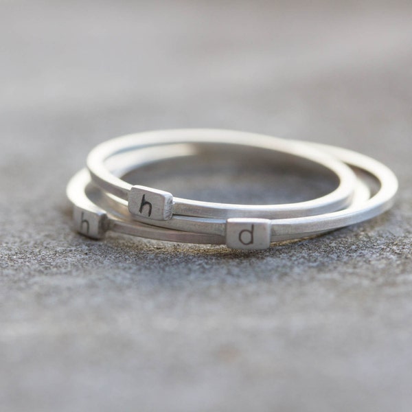 Initial ring with hand stamping - stackable sterling silver