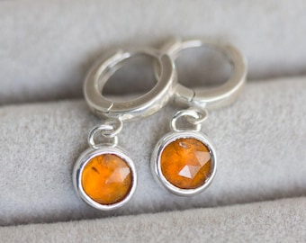 Orange Kyanite earrings, huggie earrings with dangling kyanite in sterling silver