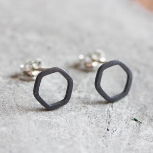 Hexagon studs Black Sterling silver stud earrings minimal, simple every day earrings image 4