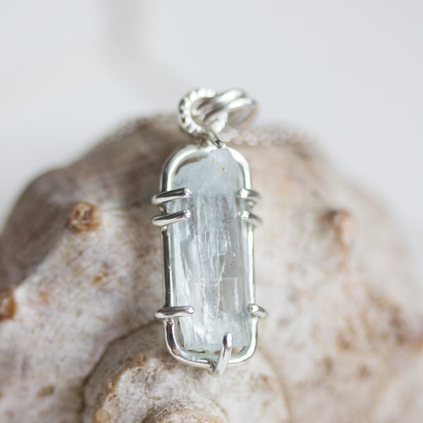Raw Aquamarine crystal necklace - March birthstone necklace, sterling silver