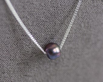 Keshi pearl necklace, sterling silver necklace with a dark blue pearl bead