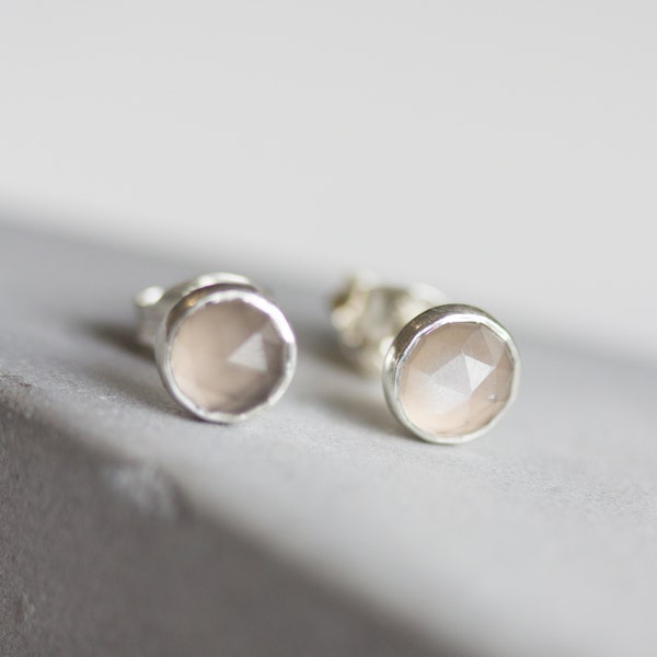 Grey moonstone stud earrings, minimalist dainty studs, sterling silver or 14k gold filled