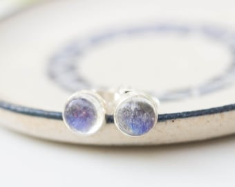 Rainbow Moonstone stud earrings, 3mm or 5mm, sterling silver or gold