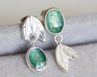Asymmetrical earrings with sea blue-green kyanite stones, sterling silver