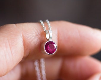 Ruby necklace - delicate minimalistic necklace with 5mm faceted Ruby, July birthstone