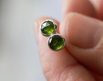 Green Tourmaline stud earrings, moss green studs, sterling silver or 14k gold filled, October Birthstone