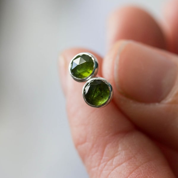 Green Tourmaline stud earrings, moss green studs, sterling silver or 14k gold filled, October Birthstone