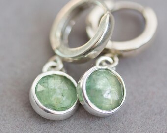 Light green Kyanite earrings, huggie earrings with dangling kyanite in sterling silver
