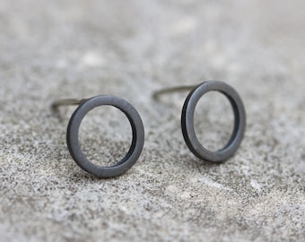 Black circle sterling silver stud earrings - minimal, simple every day earrings