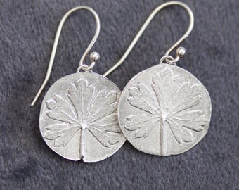 Nature inspired dangle earrings with Pelargonium leaf impressions in fine and sterling silver