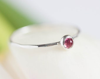 Pink Tourmaline ring - skinny stackable ring with rose cut pink tourmaline stone, October birthstone, sterling silver, 9k gold