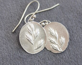 Nature inspired dangle earrings with grass impressions in fine and sterling silver