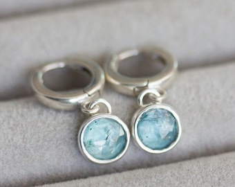 Steel Blue Kyanite earrings, huggie earrings with dangling kyanite in sterling silver