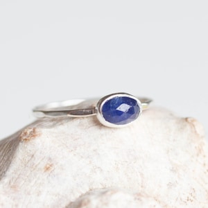 Oval Sapphire ring - skinny stackable ring with rose cut Sapphire stone, September birthstone