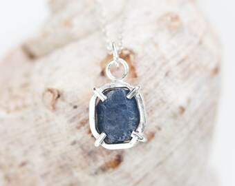 Raw Sapphire necklace - September birthstone necklace, sterling silver