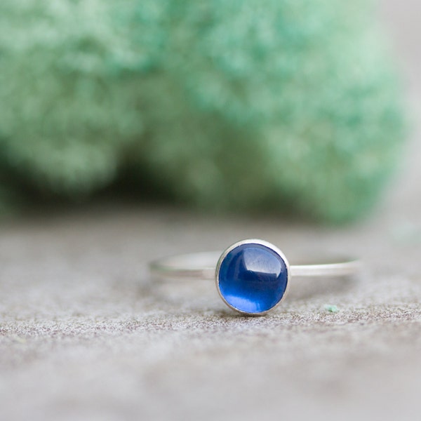Simple silver ring with Blue Sapphire (Lab Created)