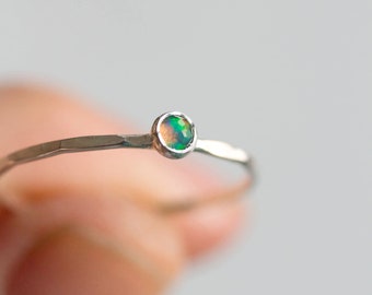 White Opal - skinny silver stackable ring with White Opal rose cut gemstone, October birthstone, sterling silver, 9k gold