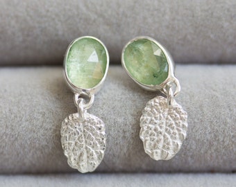 Nature inspired earrings with green kyanite stones, sterling silver