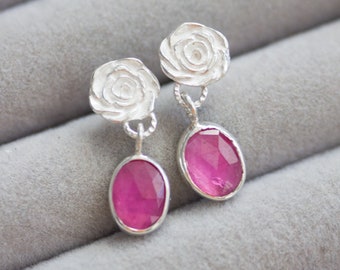 Pink sapphires and roses earrings in sterling silver