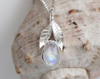 Rainbow moonstone necklace, sterling silver leaves