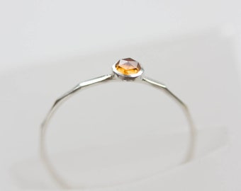 Citrine ring - skinny silver stackable ring with golden citrine faceted gemstone, November birthstone, sterling silver, 9k gold