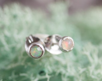 White opal studs, October Birthstone, 3mm or 5mm, sterling silver or 14k gold filled