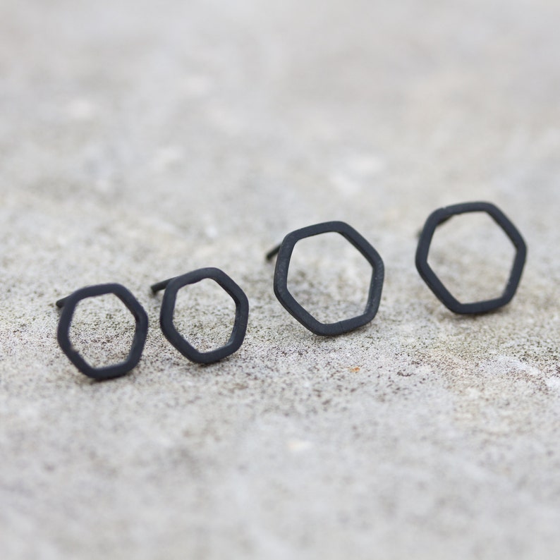 Hexagon studs Black Sterling silver stud earrings minimal, simple every day earrings image 2
