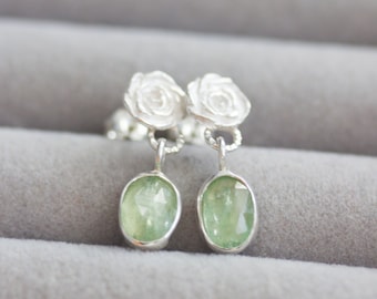 Nature inspired earrings with green kyanite stones, sterling silver