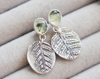 Nature inspired earrings with rutilated prehnites, sterling and fine silver