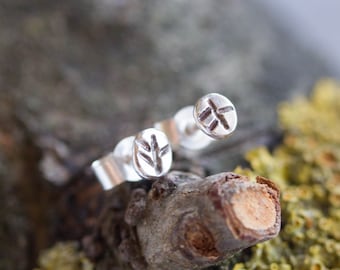 Tiny leaves - stud earrings, primitive leaf impression, simple every day studs in sterling silver or 9k gold