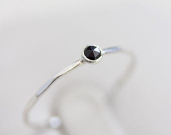 Black spinel ring - skinny stackable ring with rose cut black Spinel stone, sterling silver or gold