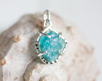 Raw Apatite necklace - rough stone necklace, sky blue apatite, sterling silver